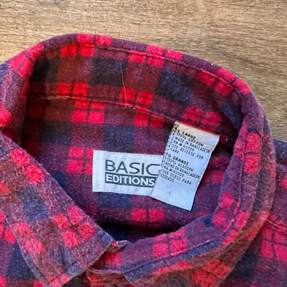 Basic Editions Casual Button Down Mens Large Red Plaid Rugged Flannel Shirt - Picture 2 of 5